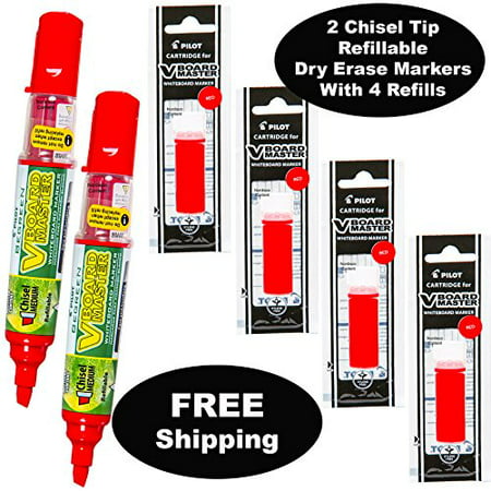 Refillable Dry Erase Markers, Pilot V Board Master, 2 Red Ink Chisel Tip Low Odor Markers with 4 Refills,
