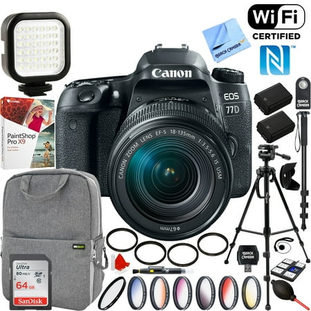 Canon EOS 77D 24.2 MP CMOS (APS-C) Digital SLR Camera with EF-S 18-135mm IS USM Lens + 64GB SDXC Memory and Pro Accessory