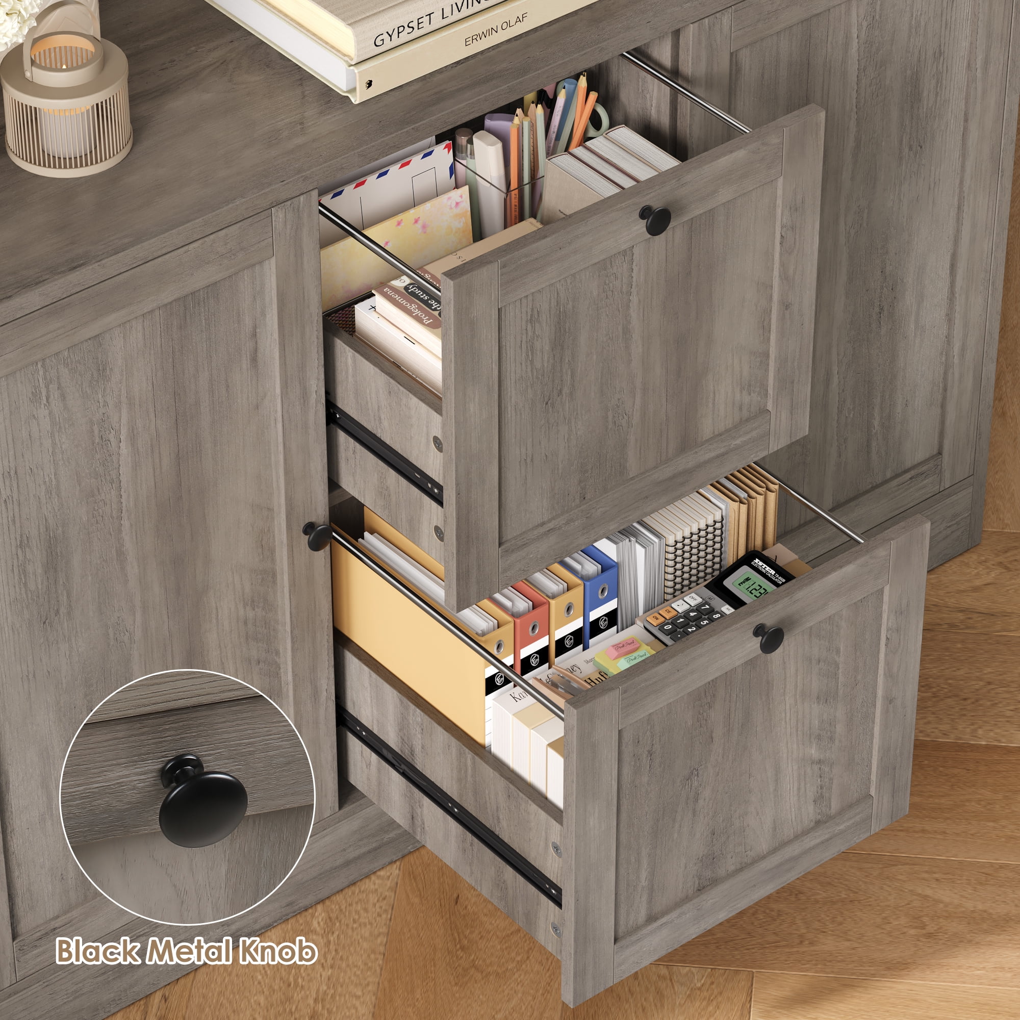 Homfa 71″ 6 Cubes Bookcases with 2 Storage Drawers and Charge Station, 3 Tier Bookshelf with Adjustable File Storage Cabinet for Living Room Home Office, Gray
