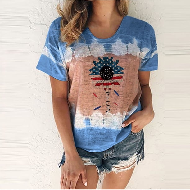 Fiudx Liquidación de Ofertas Flash Camiseta de Manga Corta con Cuello Redondo y Estampado Del Día de La Independencia para Mujer