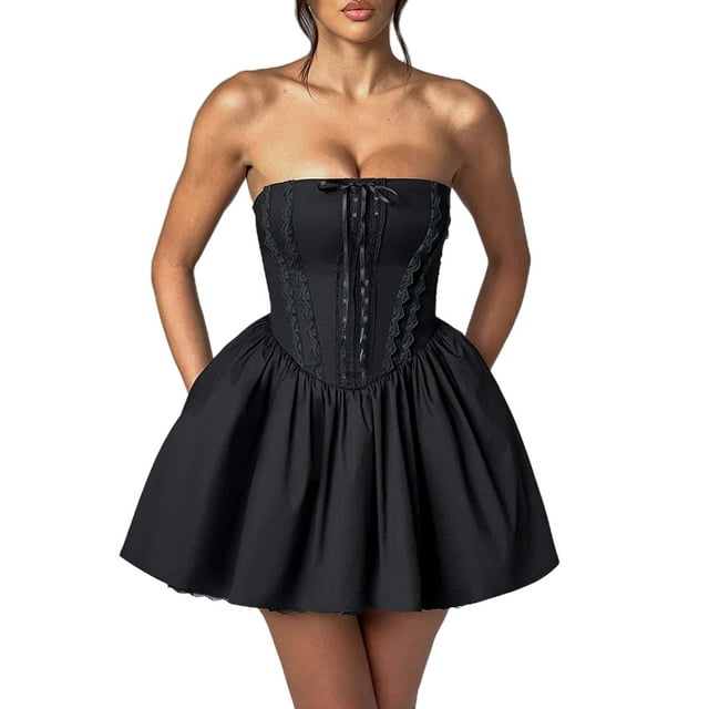 Gupgi Robe Corset pour Femmes Mini Robe Sans Bretelles avec Dentelle Couleur Unie Robe Tube Sans Manches Dos Nu Robes de Soirée Courtes