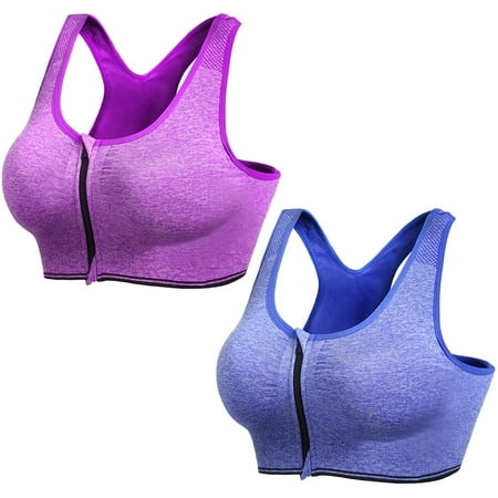 nine bull 2 Pack Women s Zip Front Sports Bra Comfortable Racerback Workout Yoga Bra with Removable Pads