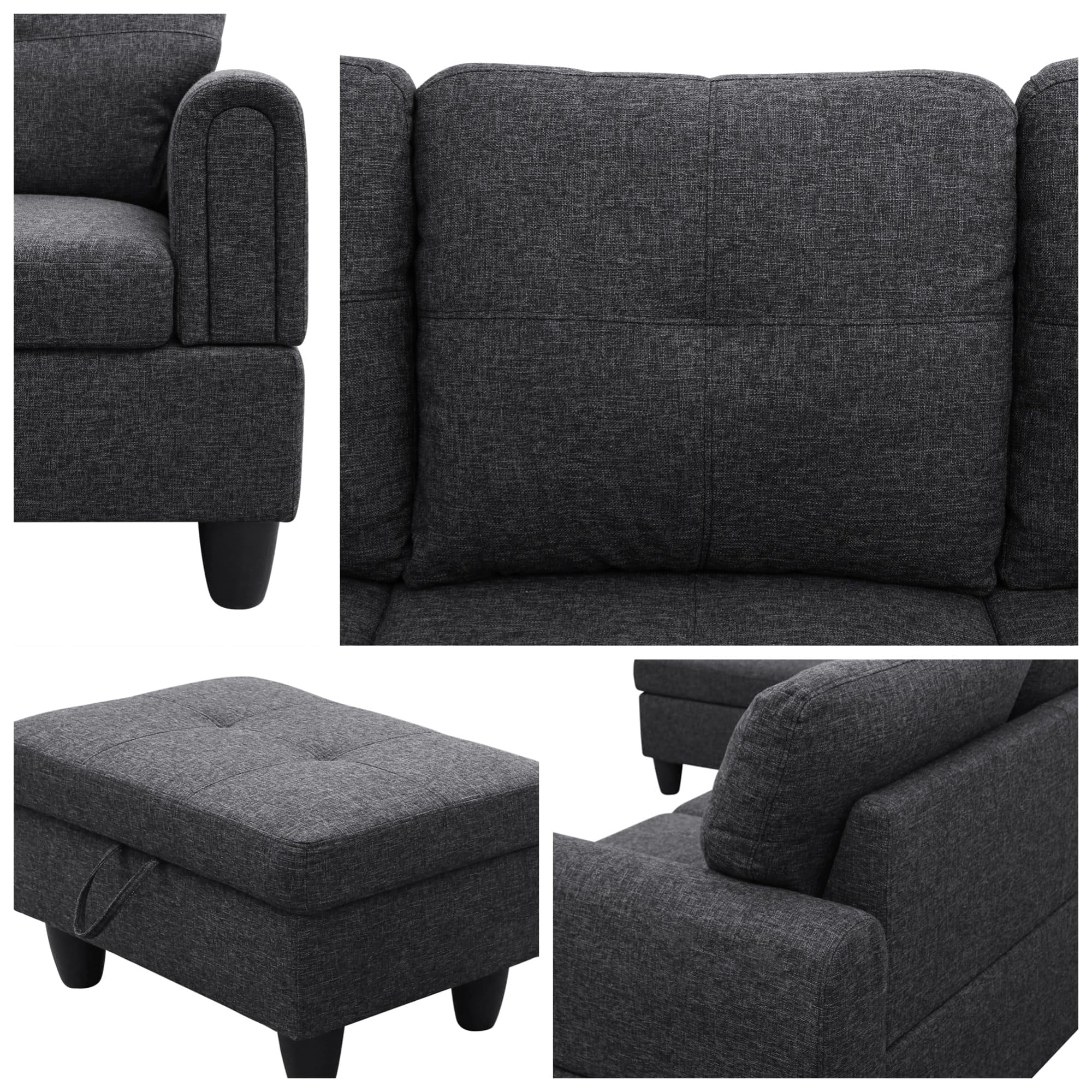 3-Piece L-Shaped Sectional Sofa with Movable Chaise & Storage Ottoman, Linen Living Room Modular Convertible Couches Set for Home Apartment Office, Black Grey