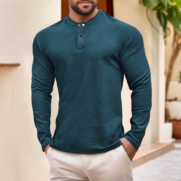 Yaoyar Thermal Long Sleeve Base Layer for Men, Solid Color Crewneck Tee with Button Detail for Cold Weather, Warm Pullover