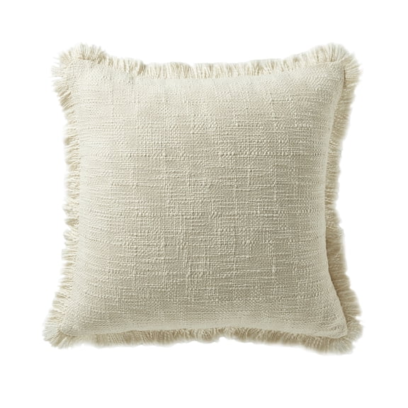 18x18 Cream White Cotton Throw Pillow with Fringe, Boho Accent Cushion for Couch Bed Living Room, Beige