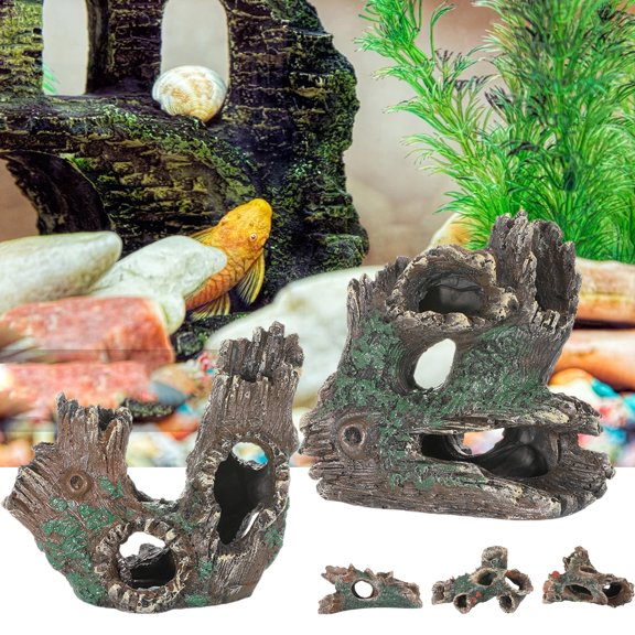 Visland Aquarium Landscaping Tree Stump Hole Rock Cave , Artificial Tree Root Resin Crafts Simulation Driftwood Hiding Cave Fish Tank Ornament