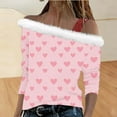 thumbnail image 3 of Uootdi Off The Shoulder Long Sleeve Shirts for Women FuzzyTrim Collar Love Heart Print Graphic Sweatshirt Casual Holiday Tops Gift, 3 of 7