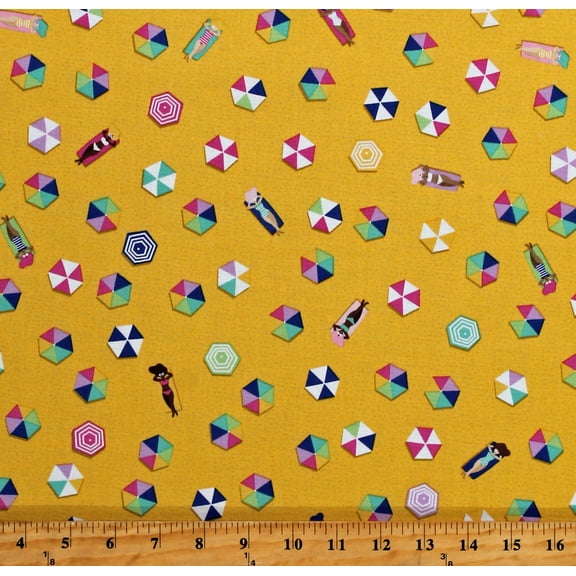 Cotton Beach Umbrellas Summer Vacation Sunbathing Sunbathers Sunshine BLVD Damask Love Yellow Cotton Fabric Print by the Yard (C12101-YELLOW)