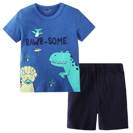 

GWAABD Clothes for Boy Blue Cotton Toddler Baby Boy Dinosaur Print Short Sleeve Sets Outfits Shorts Solid Collar Shirt Top Suits Birthday Park Holiday Beach Sets 90