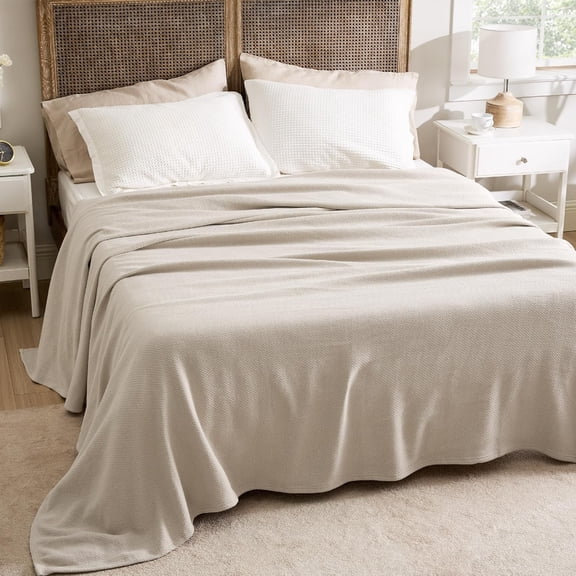GentleSoft 100% Cotton Blanket King Size for Bed - Breathable and Lightweight, Soft Cozy Textured Herringbone Woven Blanket for Summer Spring, Linen Beige, 108x90 inches