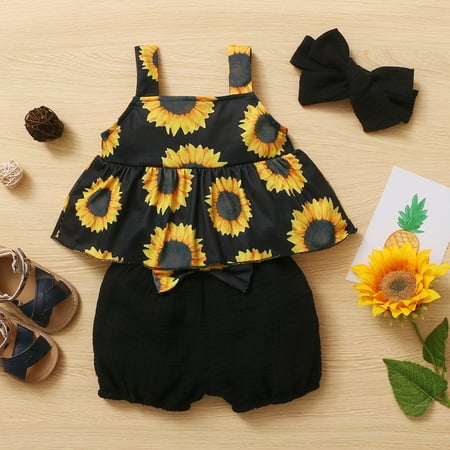 

Hunpta Suspender Girls Infant Headbands Printed Outfits Tops+Shorts Sunflower Baby Girls Outfits&Set