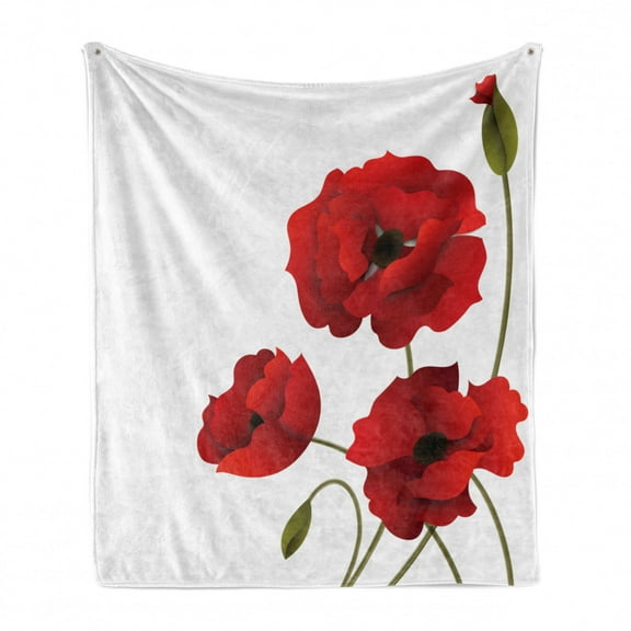 Floral Soft Flannel Fleece Blanket, Poppy Flowers Petals with Buds Pastoral Purity Mother Earth Nature Design Print, Cozy Plush for Indoor and Outdoor Use, 50" x 70", Red and Green, by Ambesonne