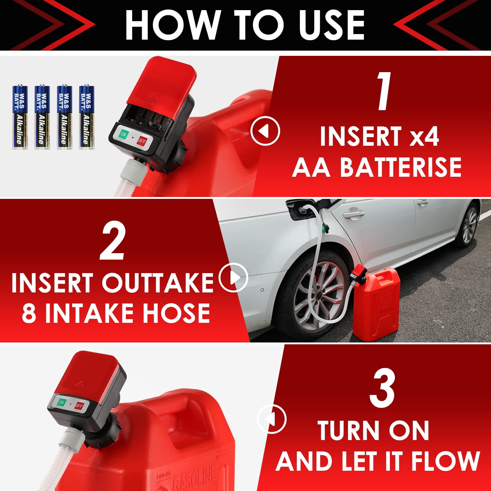 Beiled Automatic Fuel Transfer Pump - AA Battery Powered, Gas Pump with Quick Flow Control & Stop, Extra Long Hose, Portable for Oil, Diesel, Gasoline