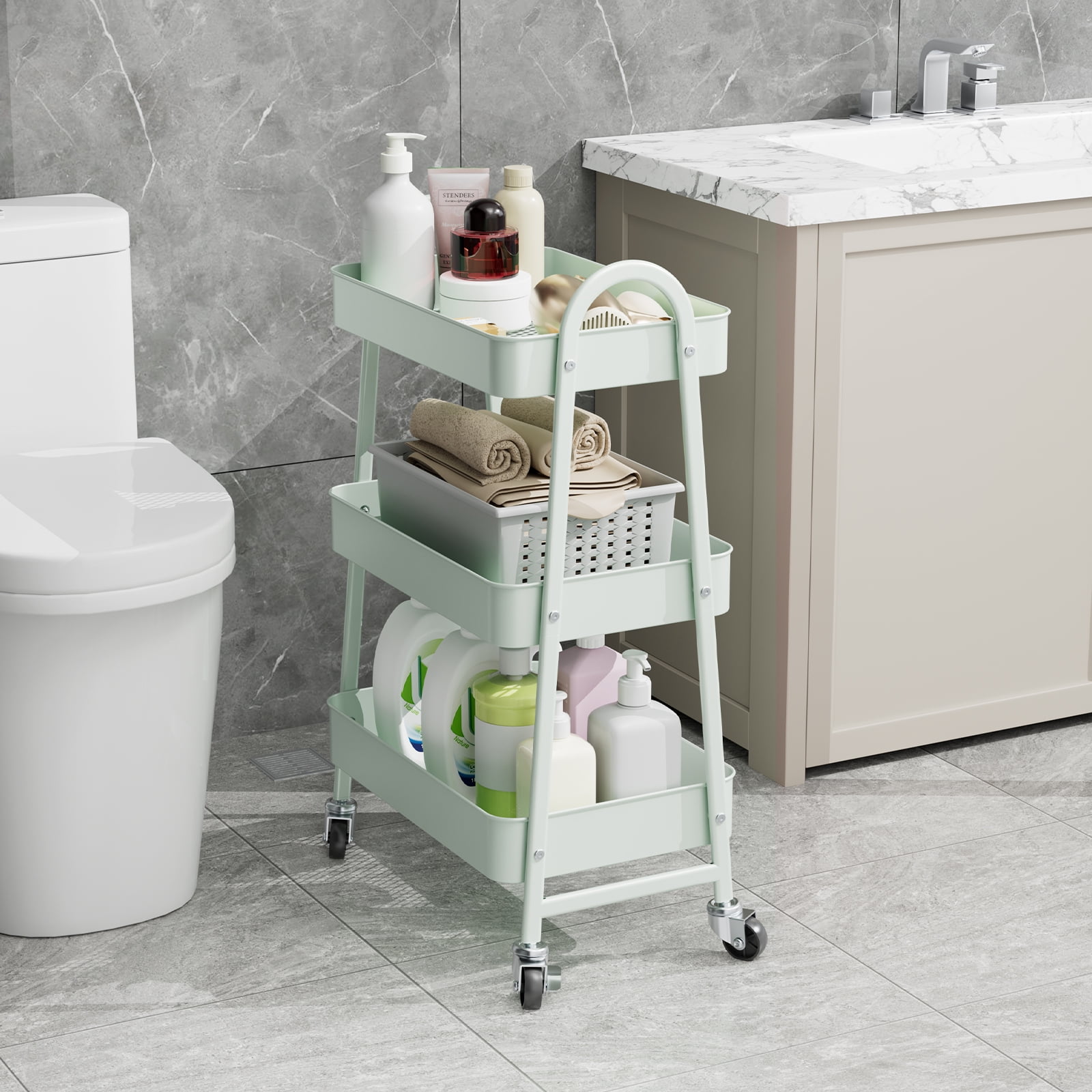 GIANNA 3 Tier Rolling Cart Organizer, Plastic Rolling Cart with Lockable Wheels & Reinforced Handle, Lightweight Utility Cart Storage Cart for Nursery, Kitchen, Bathroom, Craft Room