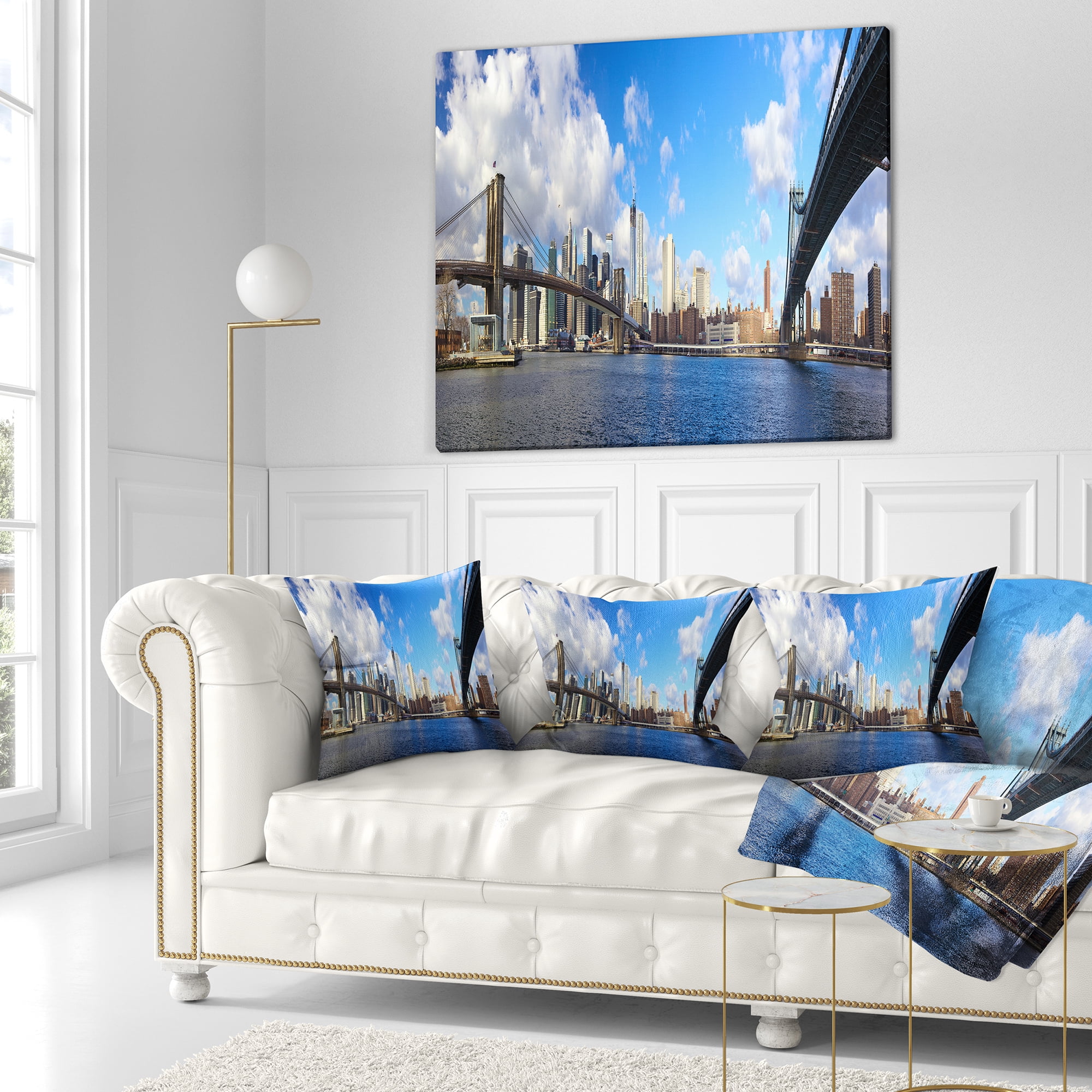 Designart Bright Manhattan Day Panorama - Cityscape Photo Throw Pillow - 16x16