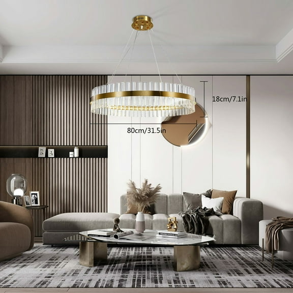 Miumaeov Modern Dimmable LED Chandelier Gold Crystal Pendant Lamp Round Ceiling Light Adjustable Height for Living Room