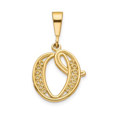 10k Yellow Gold Initial O Pendant for Women, Polished Filigree Lace Monogram Necklace Charm, Religious or Fashion Jewelry Symbol