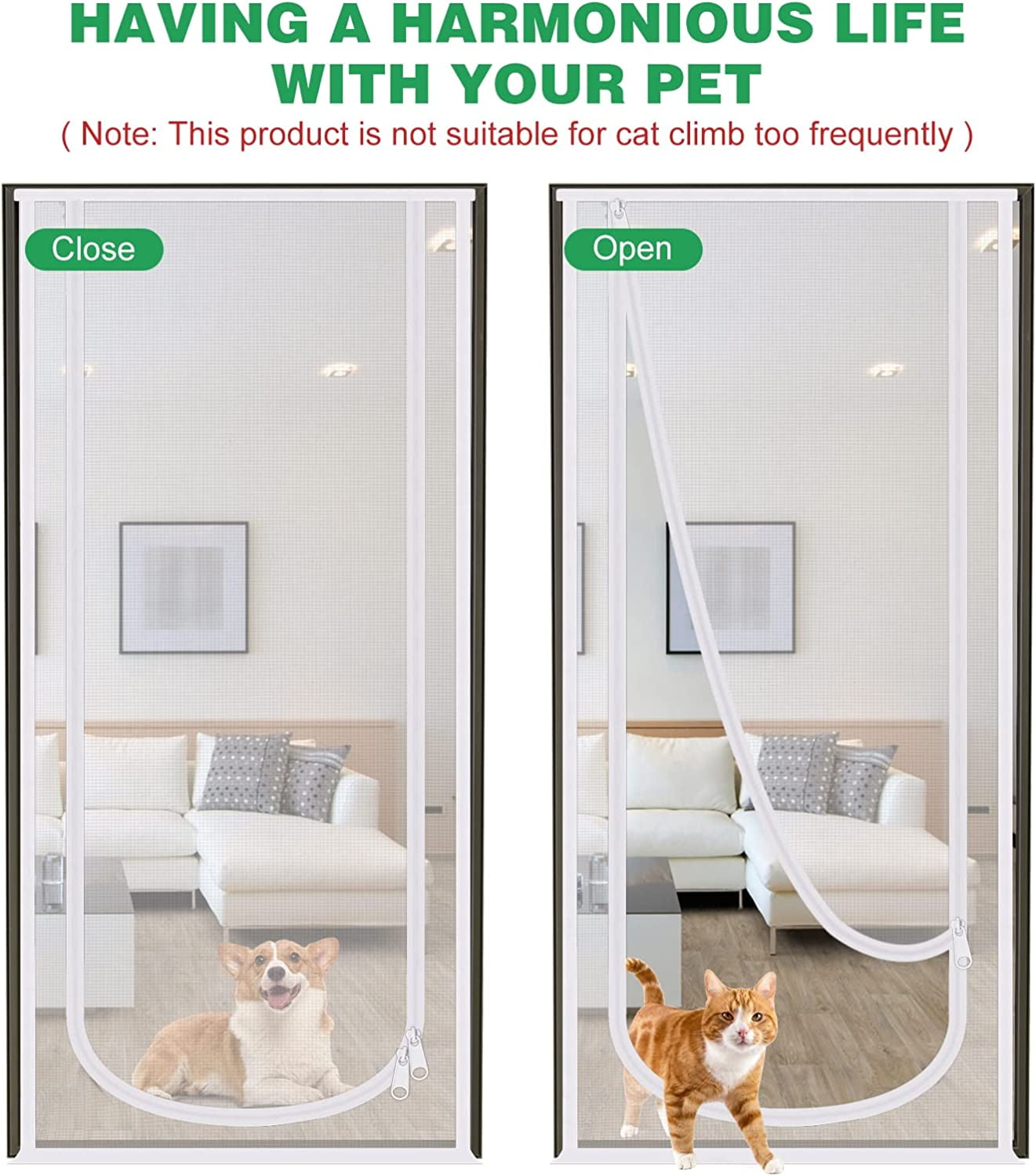 Wallfire Reinforced Cat Screen Door, Heavy Duty Pets Proof Screen Door with Bilateral Zipper, Prevent Dogs Cats Running Out from Home, Bedroom, Living Room, Kitchen Patio Door,35.5X82,White