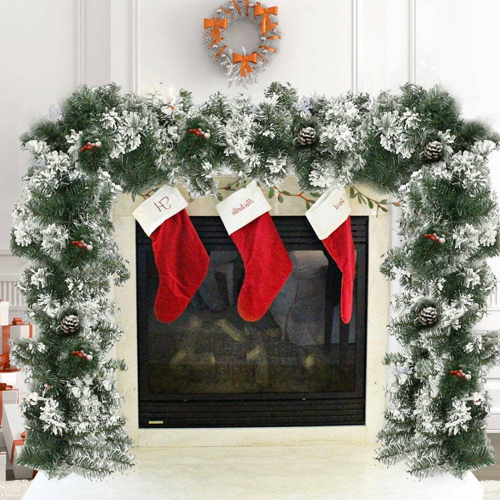 9ft Christmas Garland White Xmas Fireplace Pine Wreath Door Stairs Outdoor Decor 