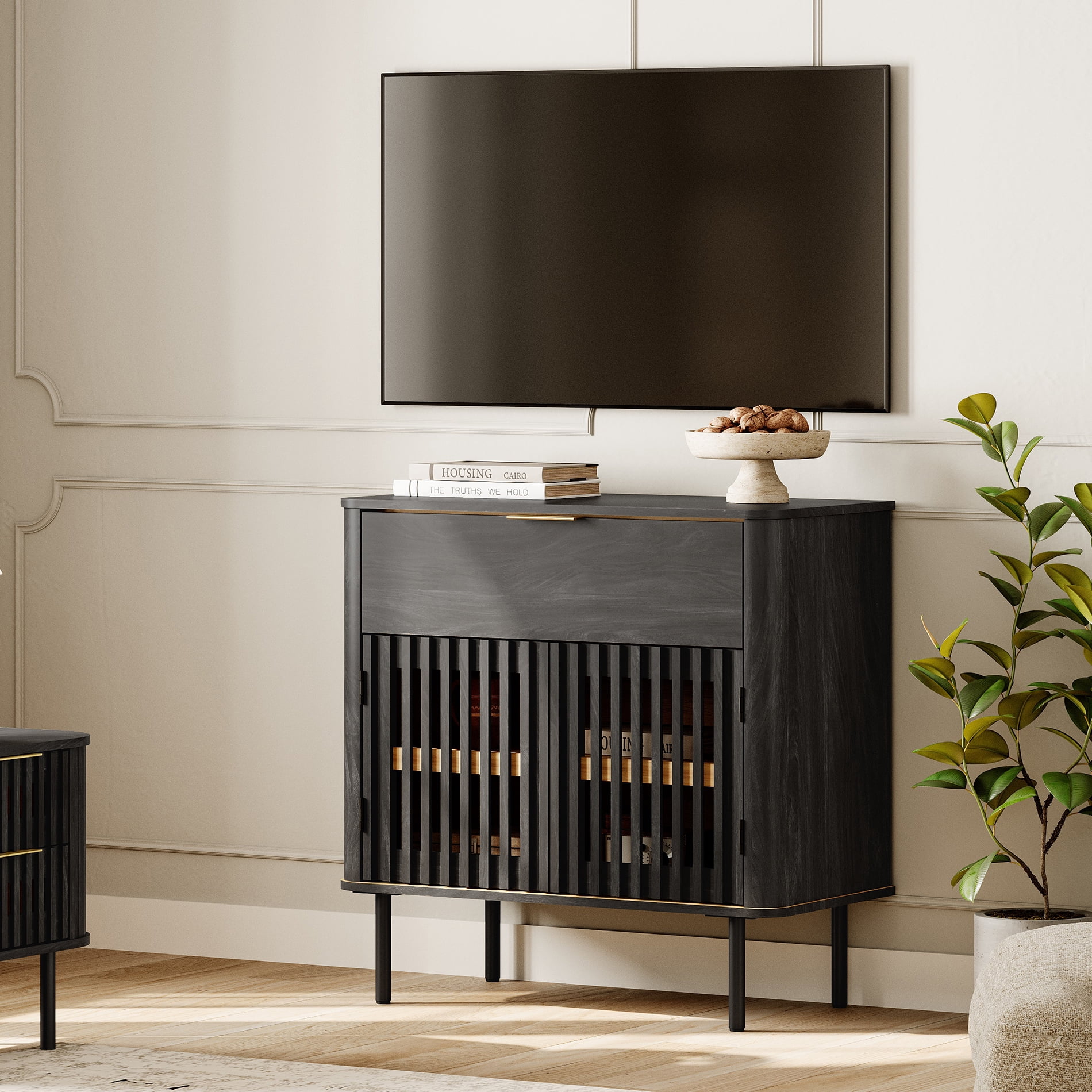 31.5" W 1-Drawer and 2-Door Fluted Sideboard with Adjustable Shelf, Black