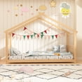 thumbnail image 2 of Joywind Twin Solid Wood House Floor Bed Frame with Safety Guardrails, Kids Bed for Boys Girls, 2 of 8