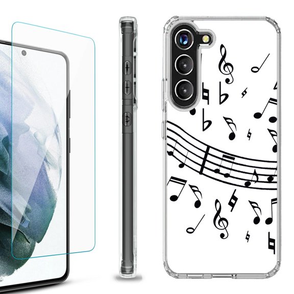 OneToughShield ® for Samsung Galaxy S23  S23 Plus 5G Shockproof Bumper Phone Case, with Tempered Glass Screen Protector - Music Notes / White