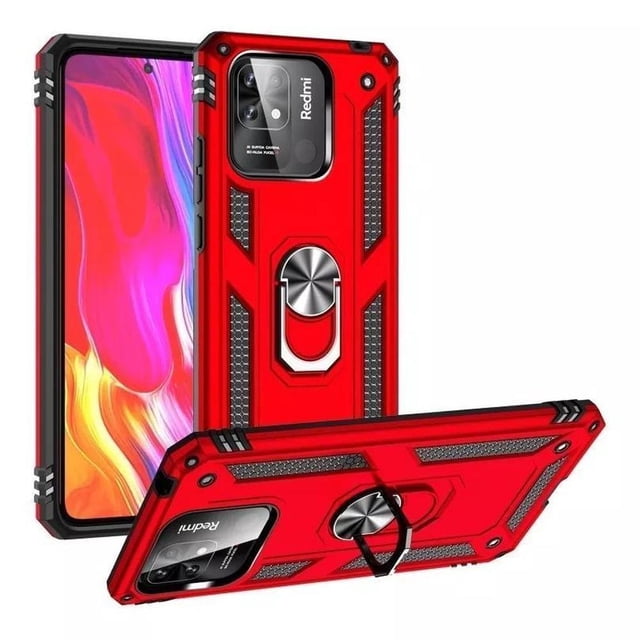 funda para xiaomi redmi 10c con cristal templado color rojo genérica compatible redmi 10c Funda roja de doble capa para Redmi 10C con borde negro, recorte para cámara, anillo metálico giratorio 360° integrado y paneles texturizados antideslizantes; compatible con montaje magnético de coche (soporte no incluido) y a menudo usada como soporte de visualización.