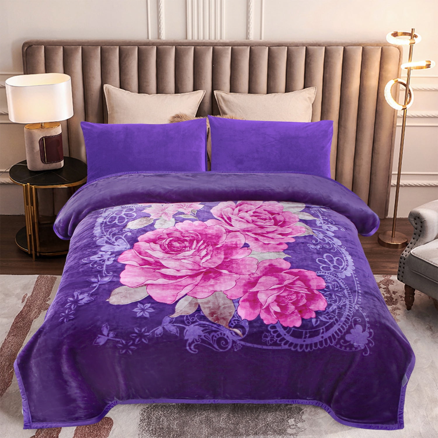 MERRY HOME King Size Fleece Blanket For Bed, A & B Patterns Soft Warm Floral Blanket, Microfiber Plush Middle Weight Bed Blanket For All Season, Purple Background Rose/Camellia, 5.7LB, 83"x91"