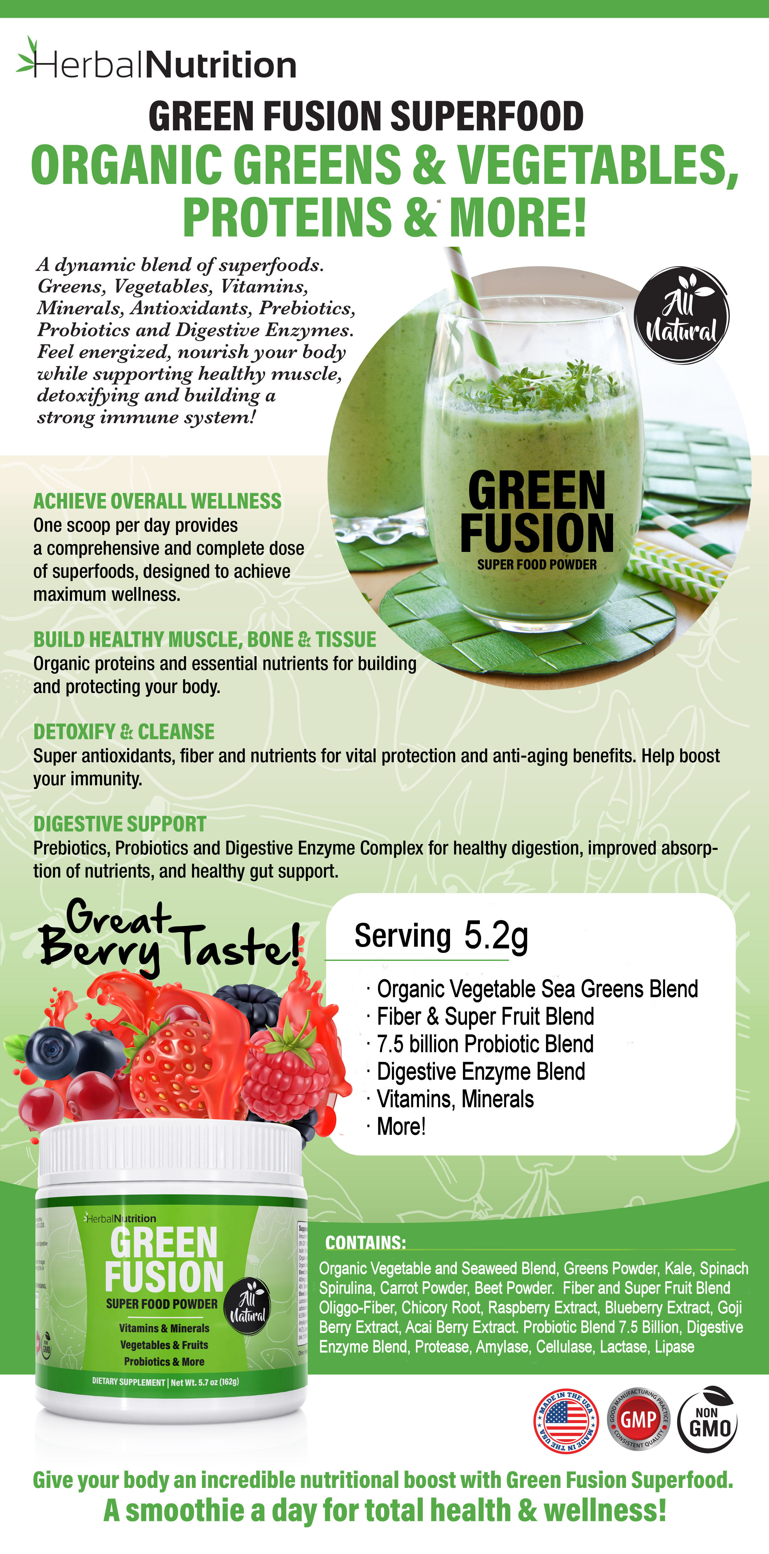 Greens Powder Super Food Organic with Greens, Fruit & Probiotics and More
