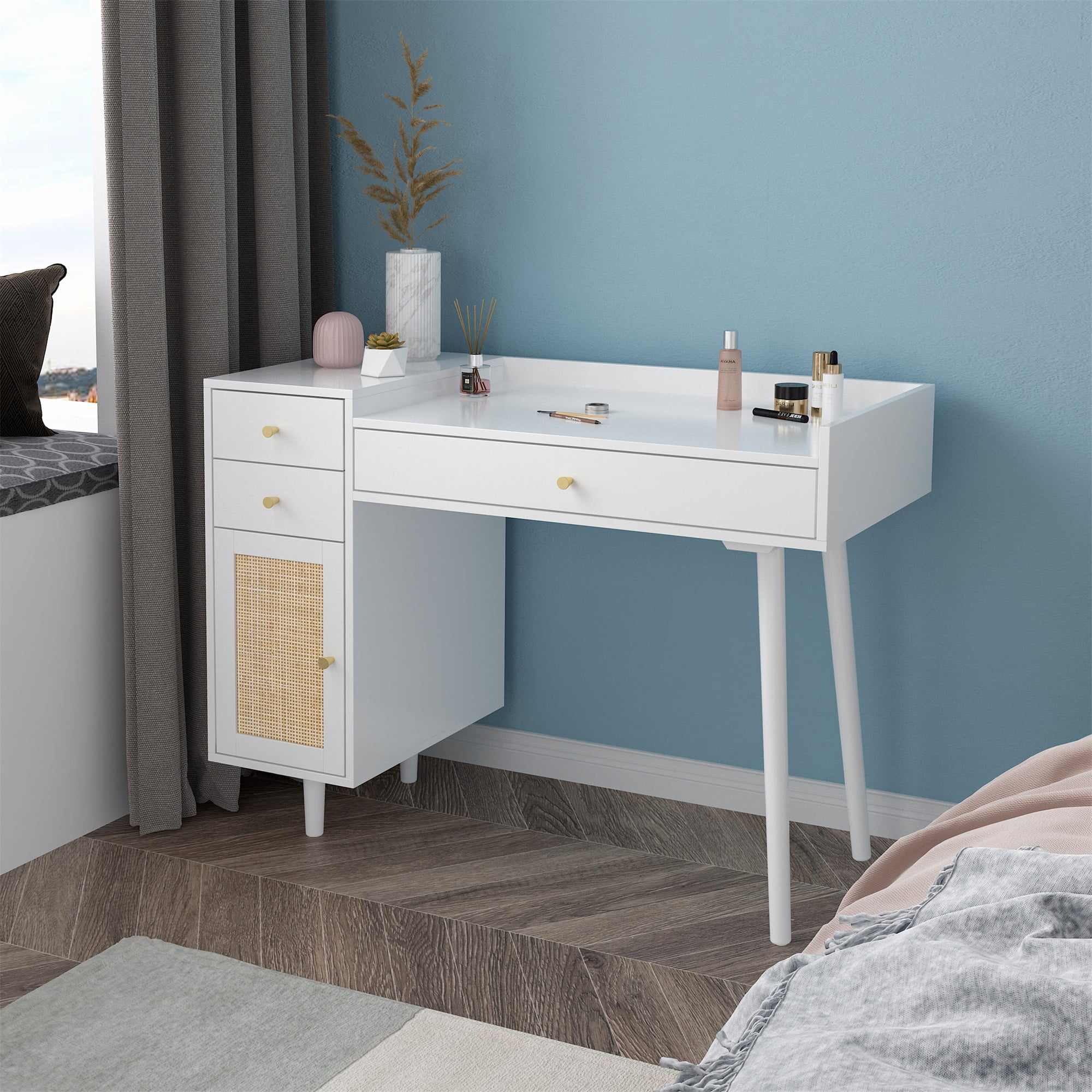 Spaco Modern Makeup Vanity with 3 Drawers, Dressing Table Wood Desk with Rattan Door, White Spaco Modern Makeup Vanity with 3 Drawers, Dressing Table Wood Desk with Rattan Door, White