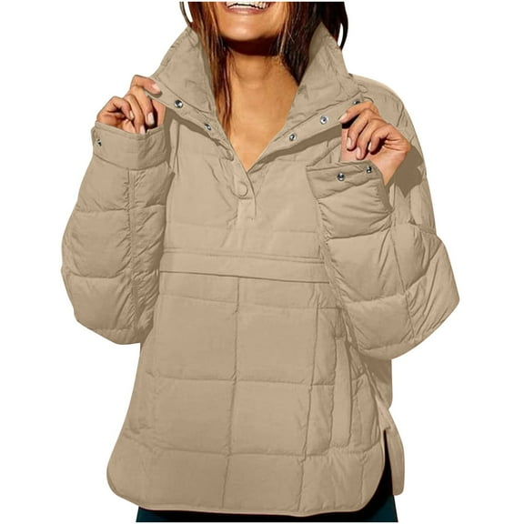 SYMOID Womens Warm Lightweight Quilted Coat - Khaki Oversized Transitional Jacket for Autumn & Early Winter,Size S