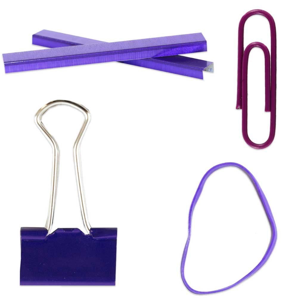 JAM Paper Desk Supply Set, 1 Rubber Bands, 1 Staples, 1 Binder Clips & 1 Paper Clips, Purple, 4/Pack