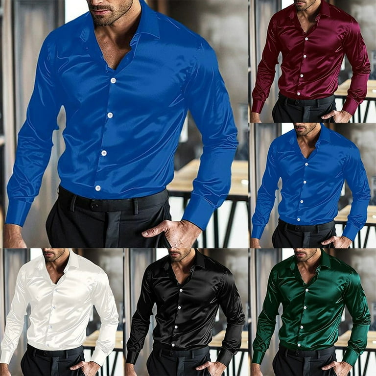 Mens Satin Silk Dress Shirt Long Sleeve Casual Shirts Disco Club Wedding Party Walmart