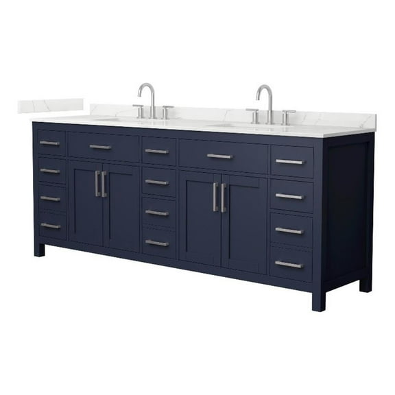 Beckett 84" Dark Blue Double Vanity & Giotto Quartz Top (3-Hole) & Nickel Trim