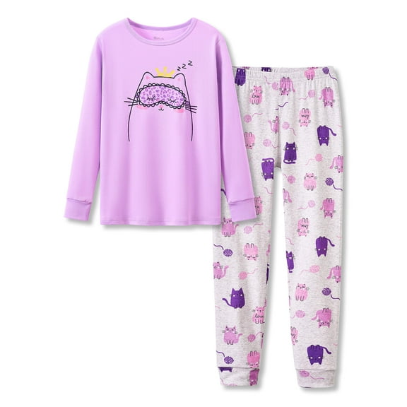 Topgal Purple Kittten Pajamas for Girls – Cotton Snug-Fitting Long Sleeves & Pants PJ Set Size 10
