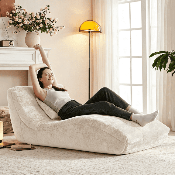 NBLDGT Chaise Lounge Indoor Furniture, Velvet Ergonomic Foam Lounge Chair with Pillow,Living Room Bedroom Sleeper Couch Sofa, No Assembly,Stretching & Relaxation,Beige