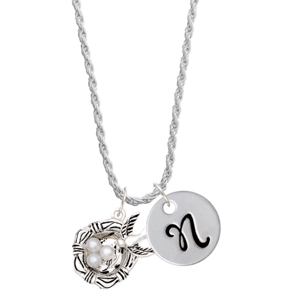 Delight Jewelry Silvertone Birds Nest with Eggs Silvertone Script Initial Disc - N - Charm Necklace, 20"+3"