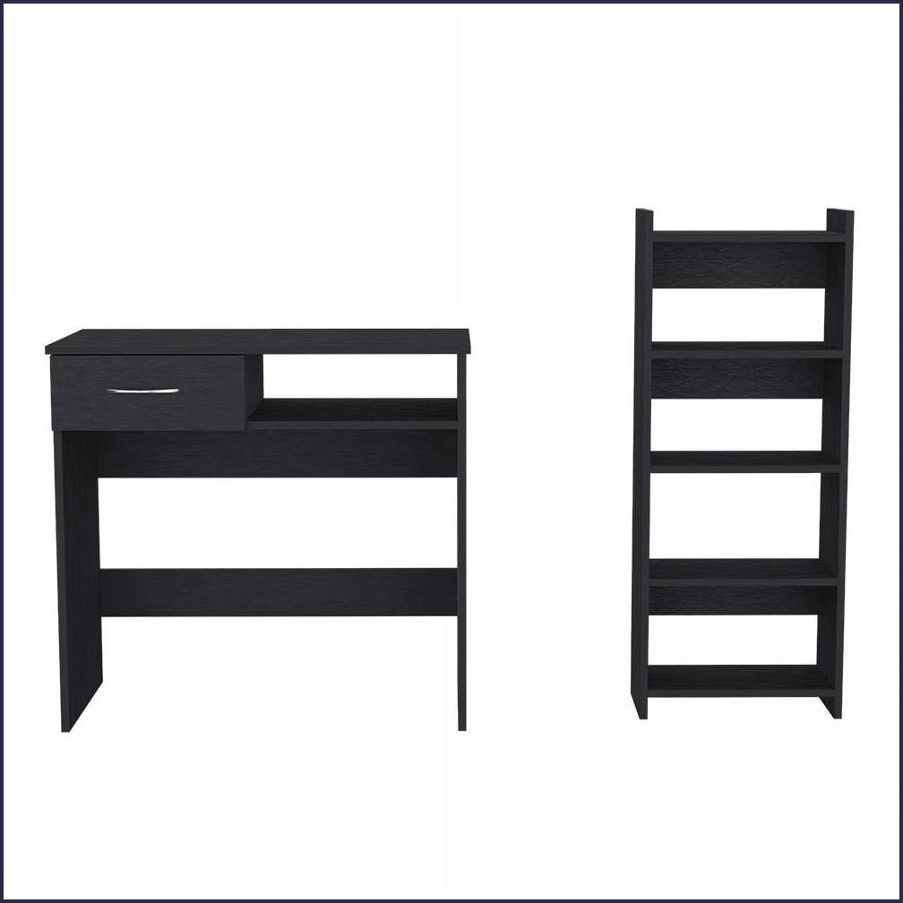 Computer Desks, Home Office Desk with Keyboard Tray, Drawer & Shelf, Black Wengue | Black | Particle Board