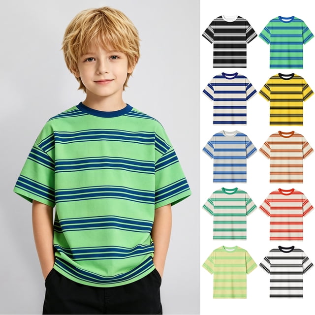WENXIAOO Chemise à Manches Courtes Rayée pour Garçons, Col Rond Décontracté, Haut Basique d'Été, Taille 3T-13Y