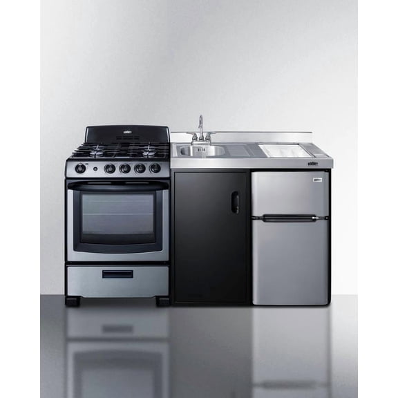 All-in-one combination kitchenette in black with refrigerator-freezer, sink, storage cabinet, and stainlses steel gas range