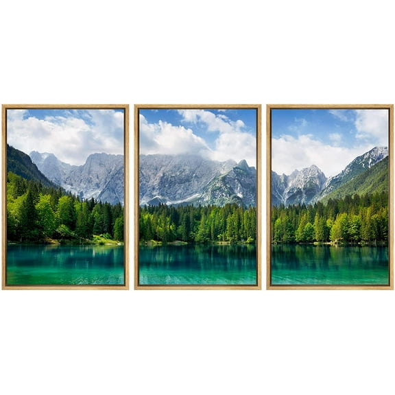 wall26 Framed Canvas Print Wall Art Set Blue Mountain with Emerald Forest & Lake Nature Wilderness Photography Realism Rustic Scenic Relax/Calm for Living Room, Bedroom, Office - 16"x24"