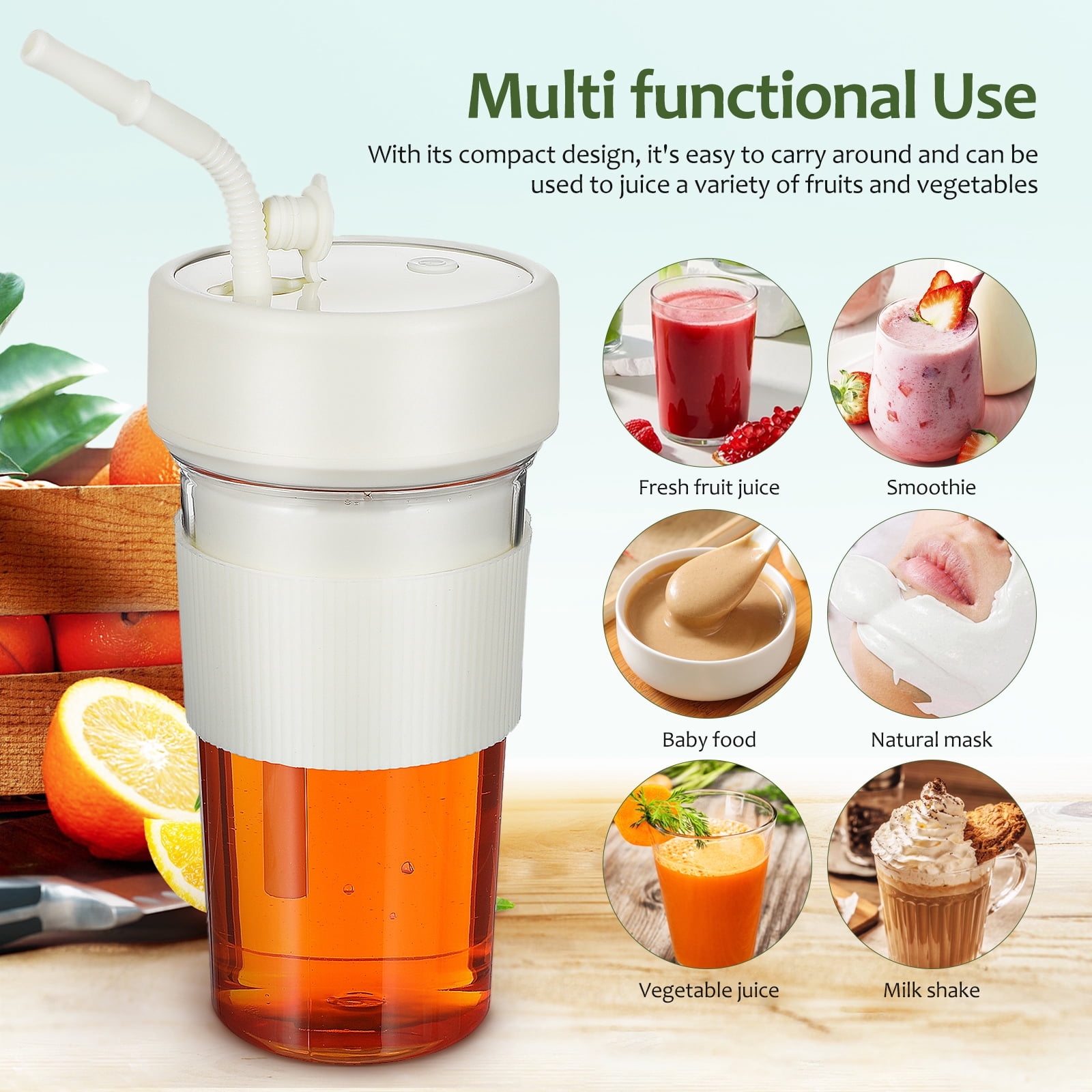 Toyandona Compact Rechargeable Travel Juicer, White, Efficient Motor, Leak-Proof Lid, 2Pcs