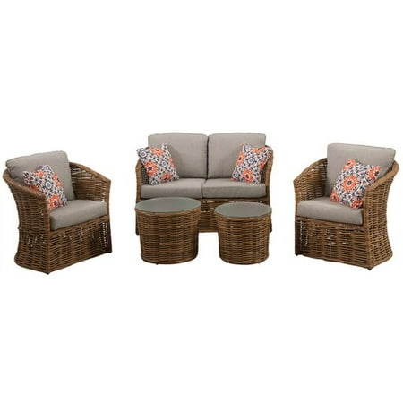 Mōd Furniture Lexi 5-Piece Boho Outdoor Conversation Set with Hand Woven All-Weather Rattan Wicker, Loveseat, 2 Side Stationary Chairs, LEXI5PC-GRY