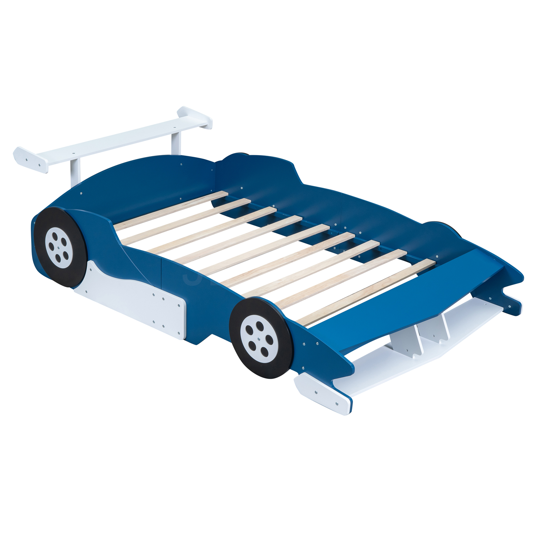 JERFIT Full Size Race Car Platform Bed with Wheels, Blue, Sturdy Plywood Frame for Modern Bedrooms