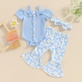 thumbnail image 2 of Okbabeha Baby Girl 3 Piece Outfits, Short Sleeve Cold Shoulder Ribbed Romper + Flare Pants + Bow Headband Toddler Summer Set, 2 of 8