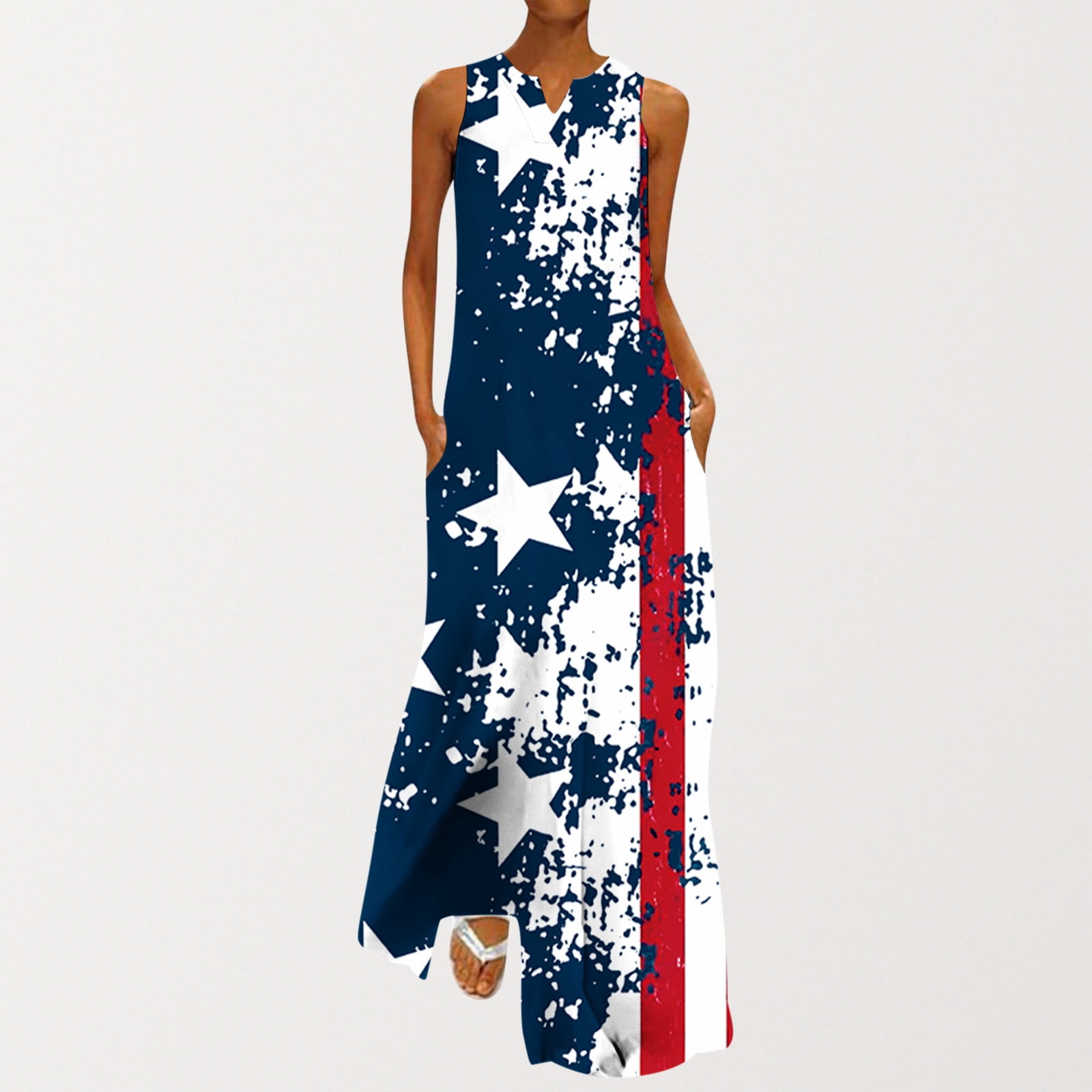 Summer Dresses for Women Independence Day Women Fashion V Neck Sleeveless Summer Evening Party Printing Ladies Pocket Vest Long Dress Tunic Tops for