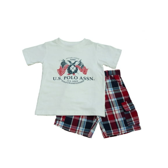 USPA Polo Infant & Toddler Boys White T-Shirt & Red Plaid Shorts Set 18 Months