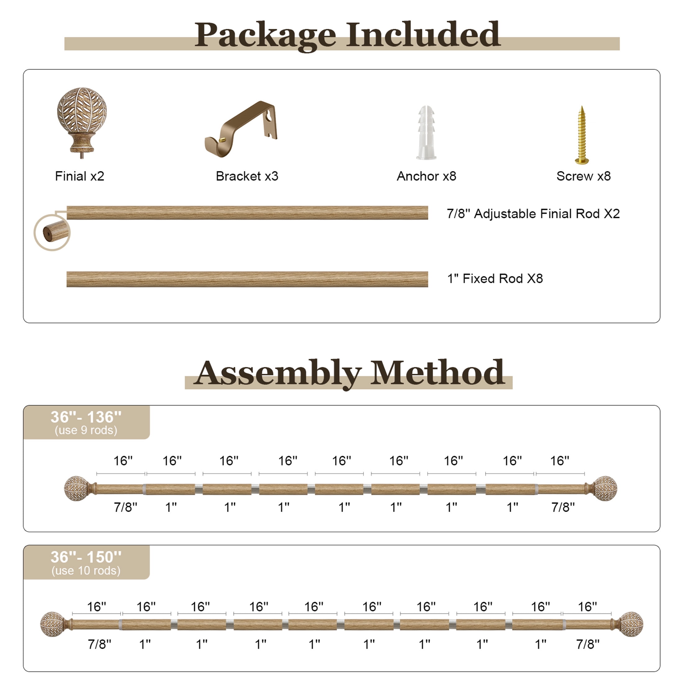 Yokila Traditional Brown Curtain Rods for Windows 36 to 150 Inches Adjustable Length Heavy Duty 1" Diameter Single Window Curtain Rod with Decorative Finials for Bedroom Living Room Kitchen Outdoor