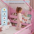 thumbnail image 5 of Twin Size Bed Frame with Montessori Storage Bookshelf, Globe String Lights, Door and High Rails, House Shaped Metal Floor Bed with Wood Slats&Side Pockets,  Modern Platform Beds, Pink, 5 of 9