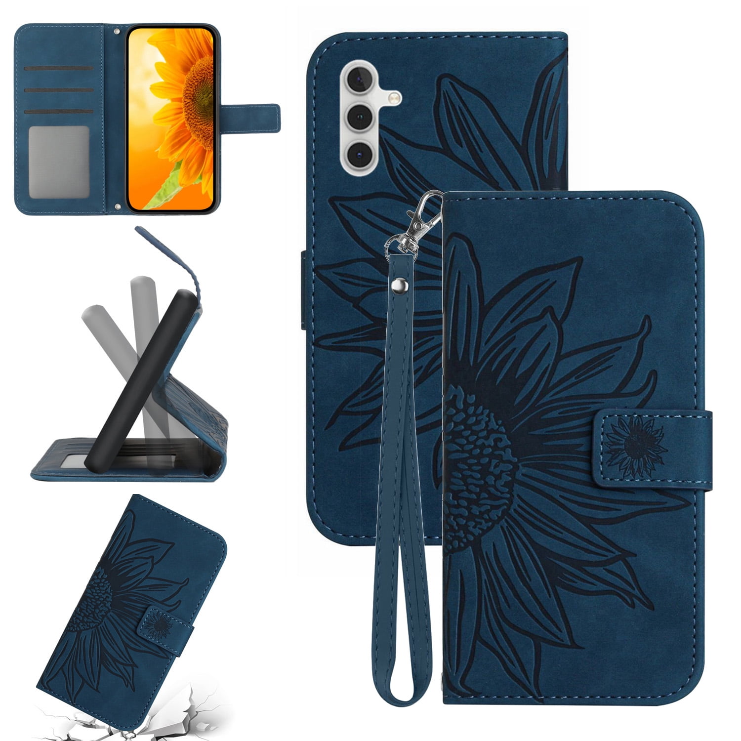 Slim Wallet Case for Samsung Galaxy A17 5G Men Women,Sunflower Embossed Pattern PU Leather Flip Cover Magnetic Closure RFID Blocking Card Slots Stand Phone Case with Hand Strap,Inkblue